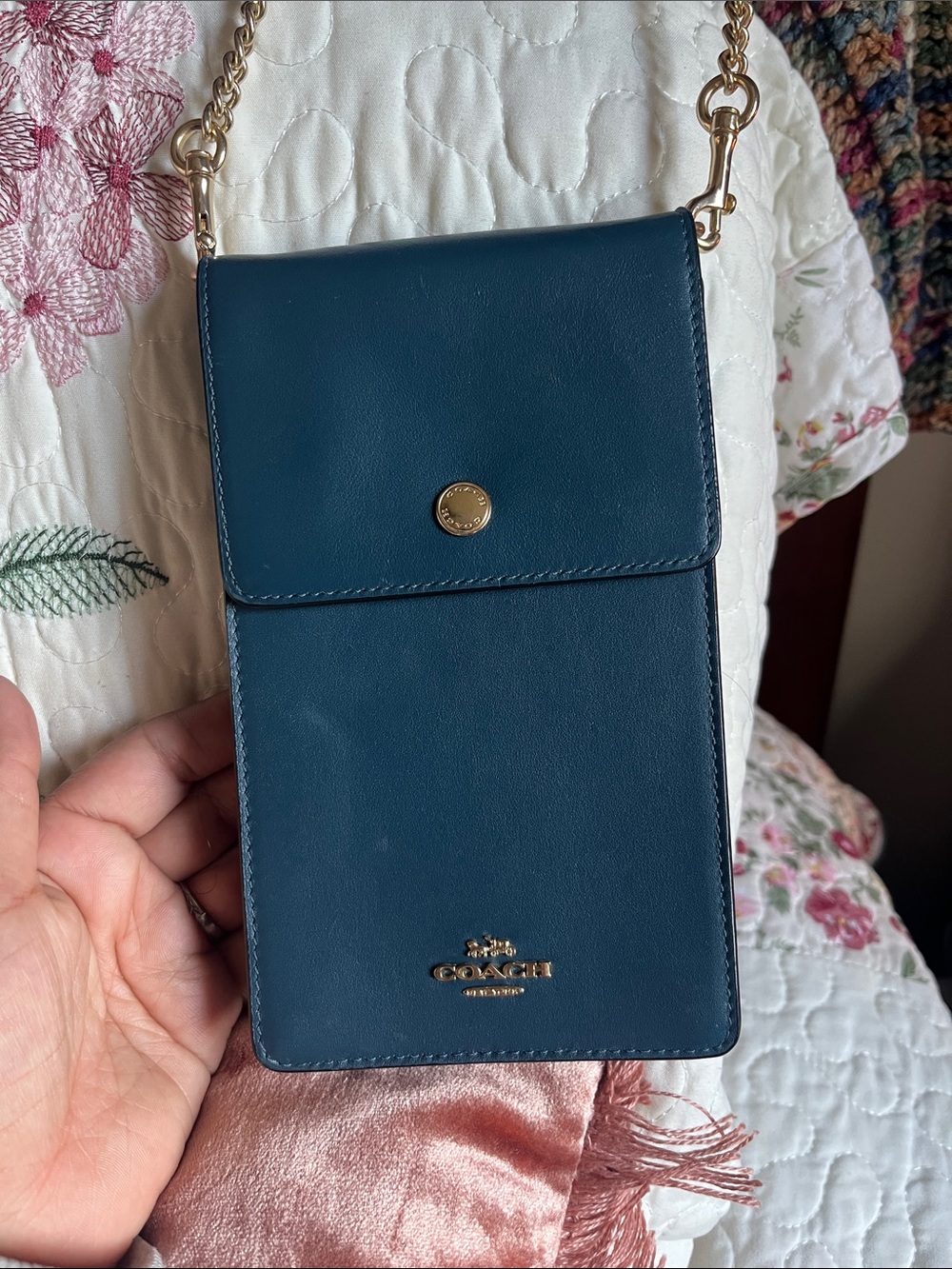 Coach Teal Leather Chain Crossbody Phone Pouch with Gold Hardware